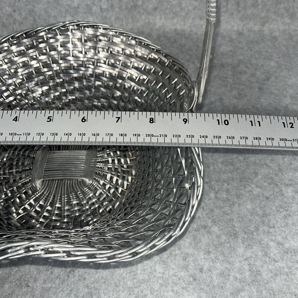 VTG Silver Tone Metal Woven Wire Basket With Fold Down Handle Decor Centerpiece - Picture 10 of 14